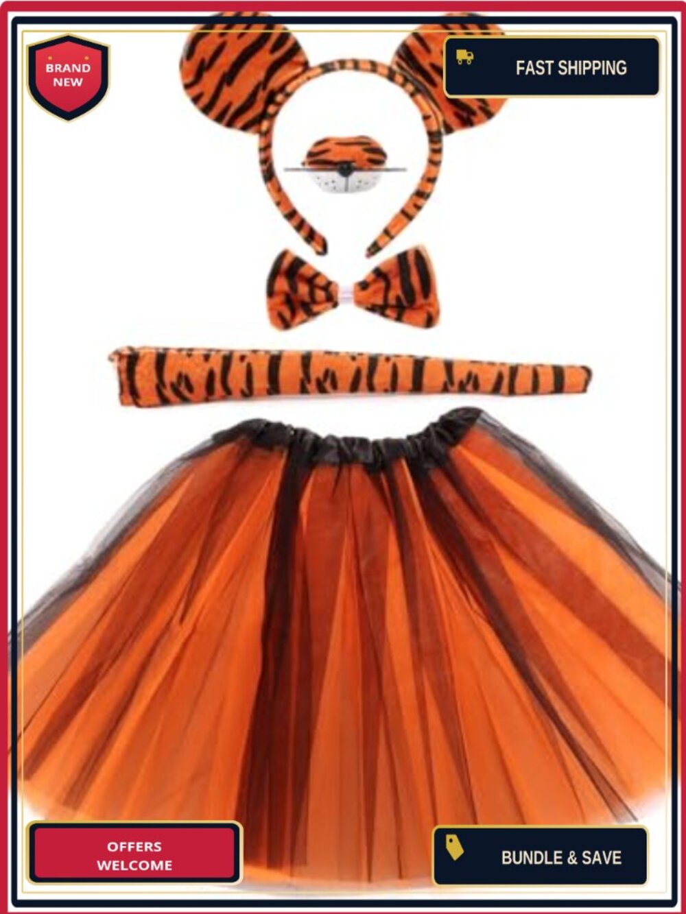 Tiger Costume Set Ears Headband Nose Bow Tie Tail Tutu Adult Halloween Cosplay